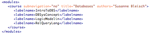 Example of a course definition in the config.xml file: this database course contains four lessons